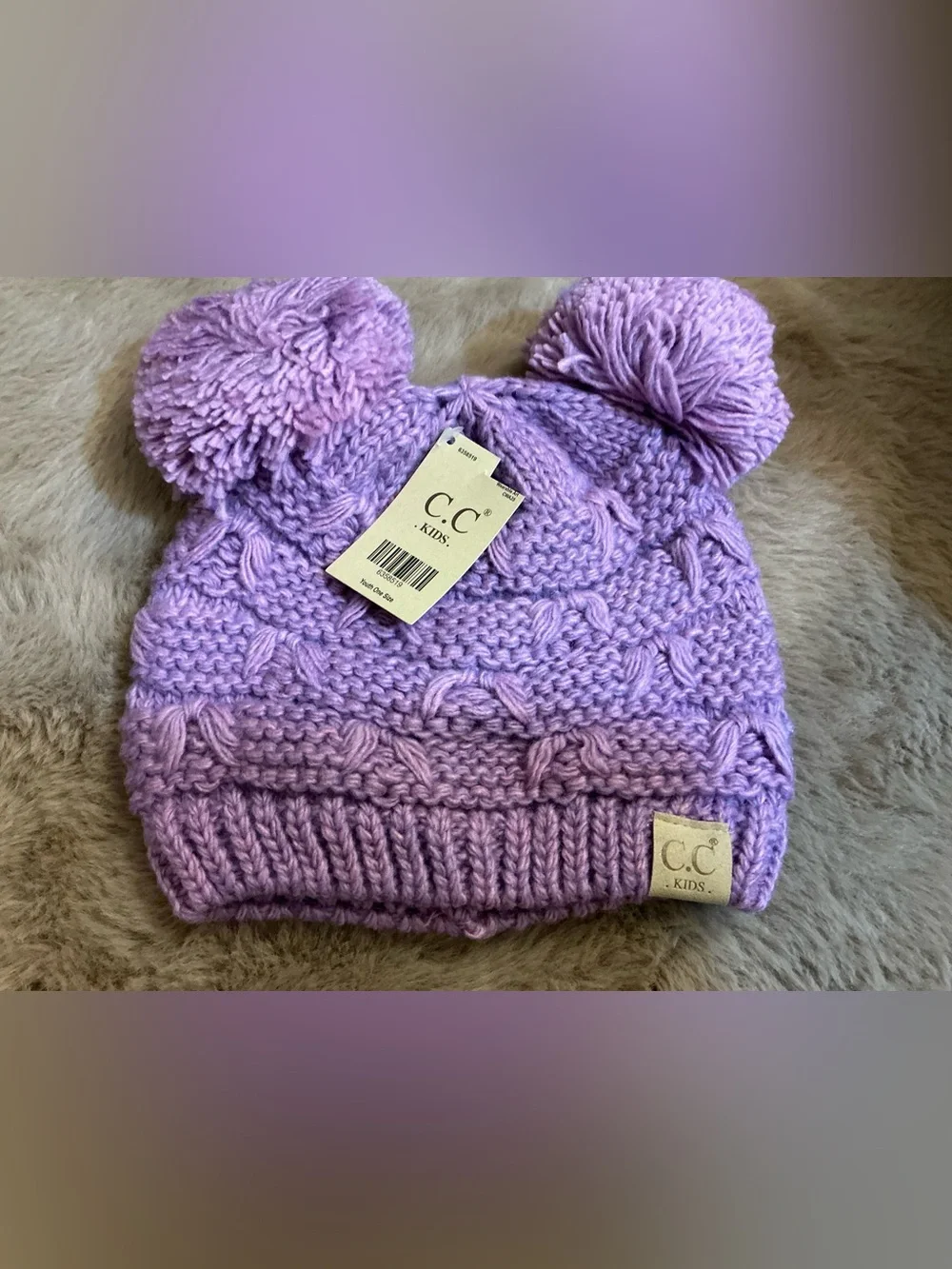C.C Kids Lavender Purple Cable Knit Double Pom Pom Beanie Hat NWT Youth One Size